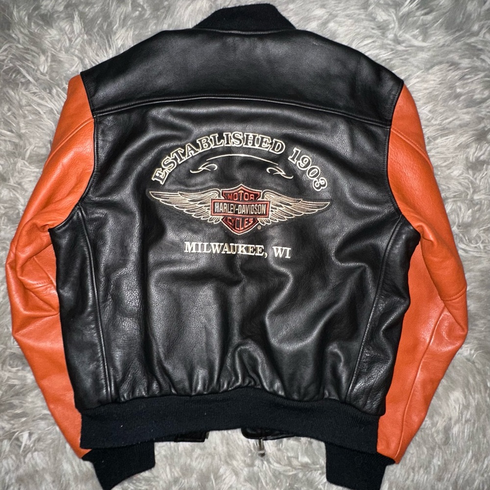 Harley Davidson Black and Orange Varsity Style Leather Jacket